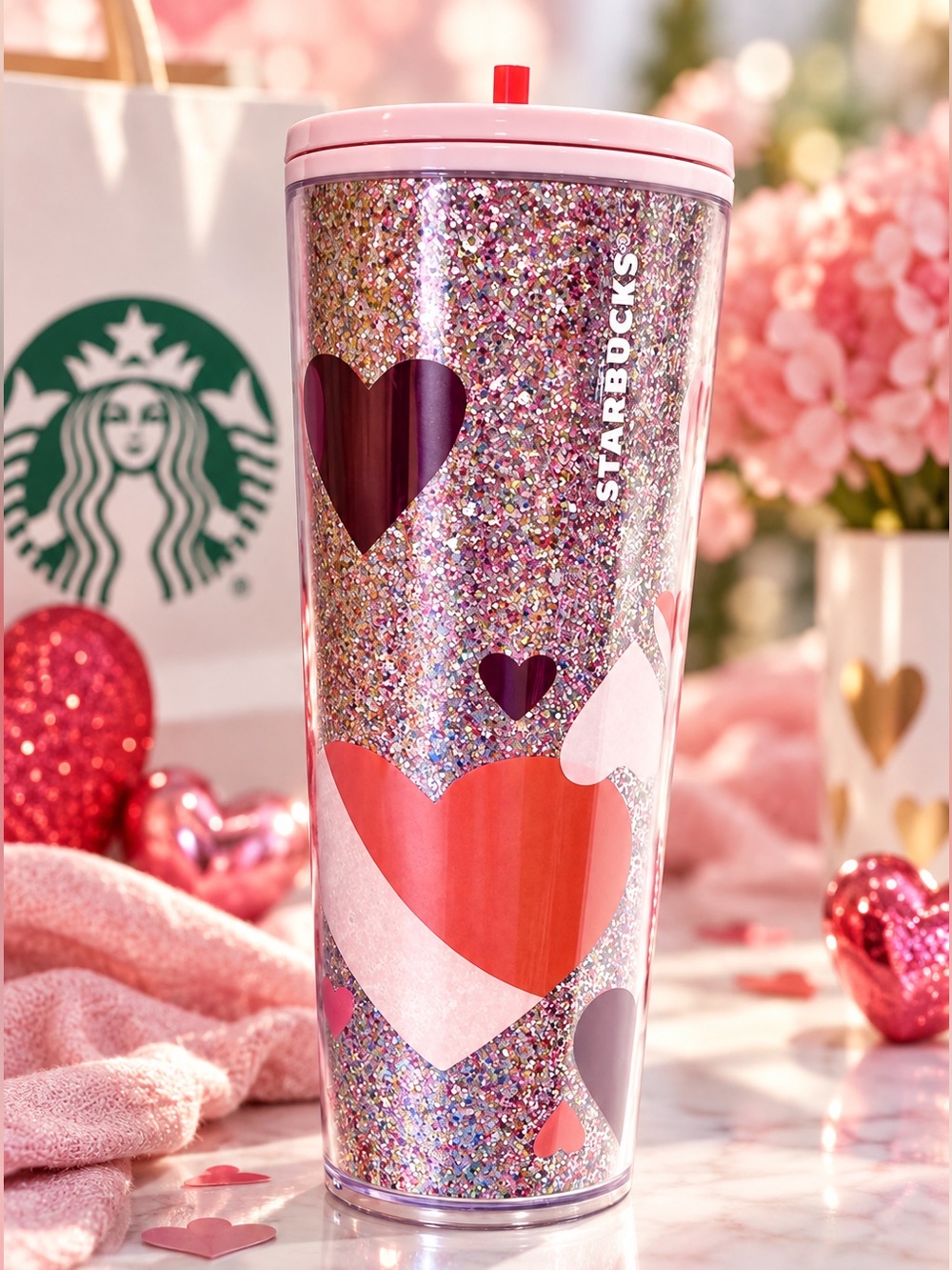 Starbucks 2021 Pink Glitter 24oz Tumbler Heart Valentine Limited Edition